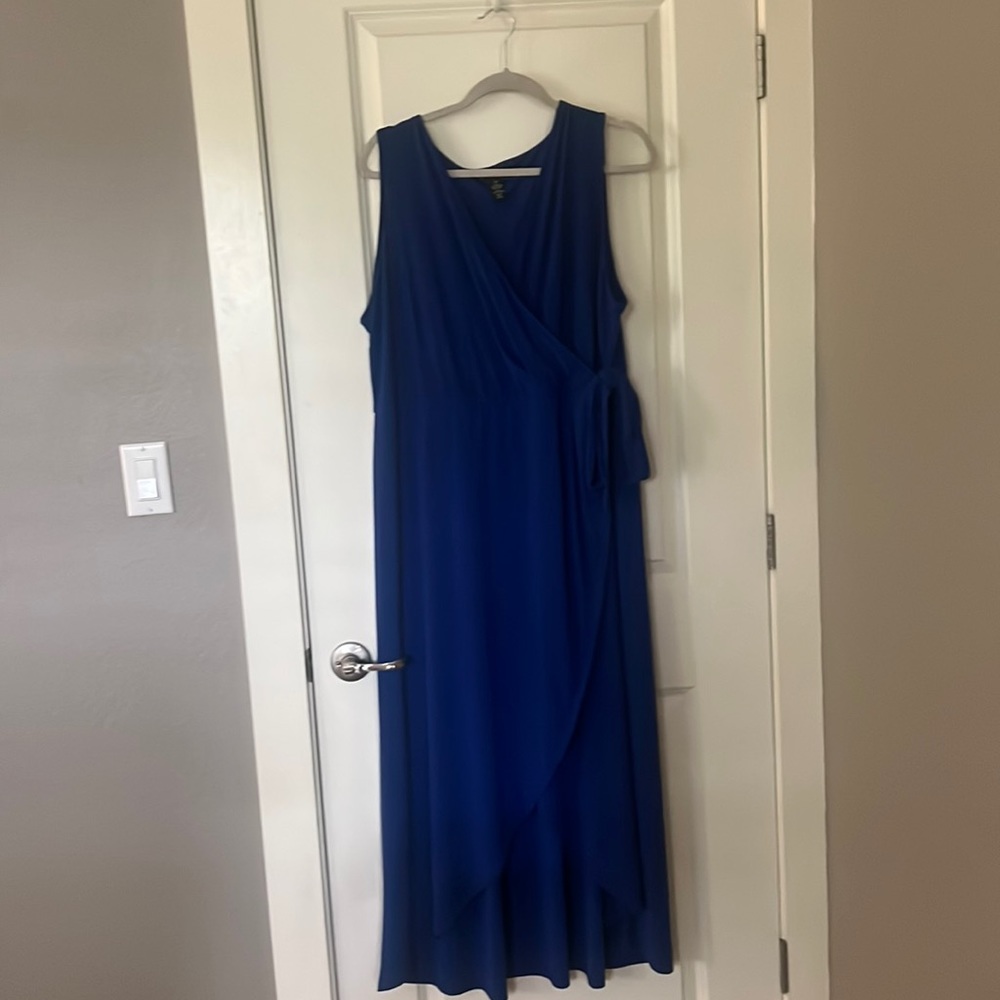 INC Blue faux wrap sleeveless dress